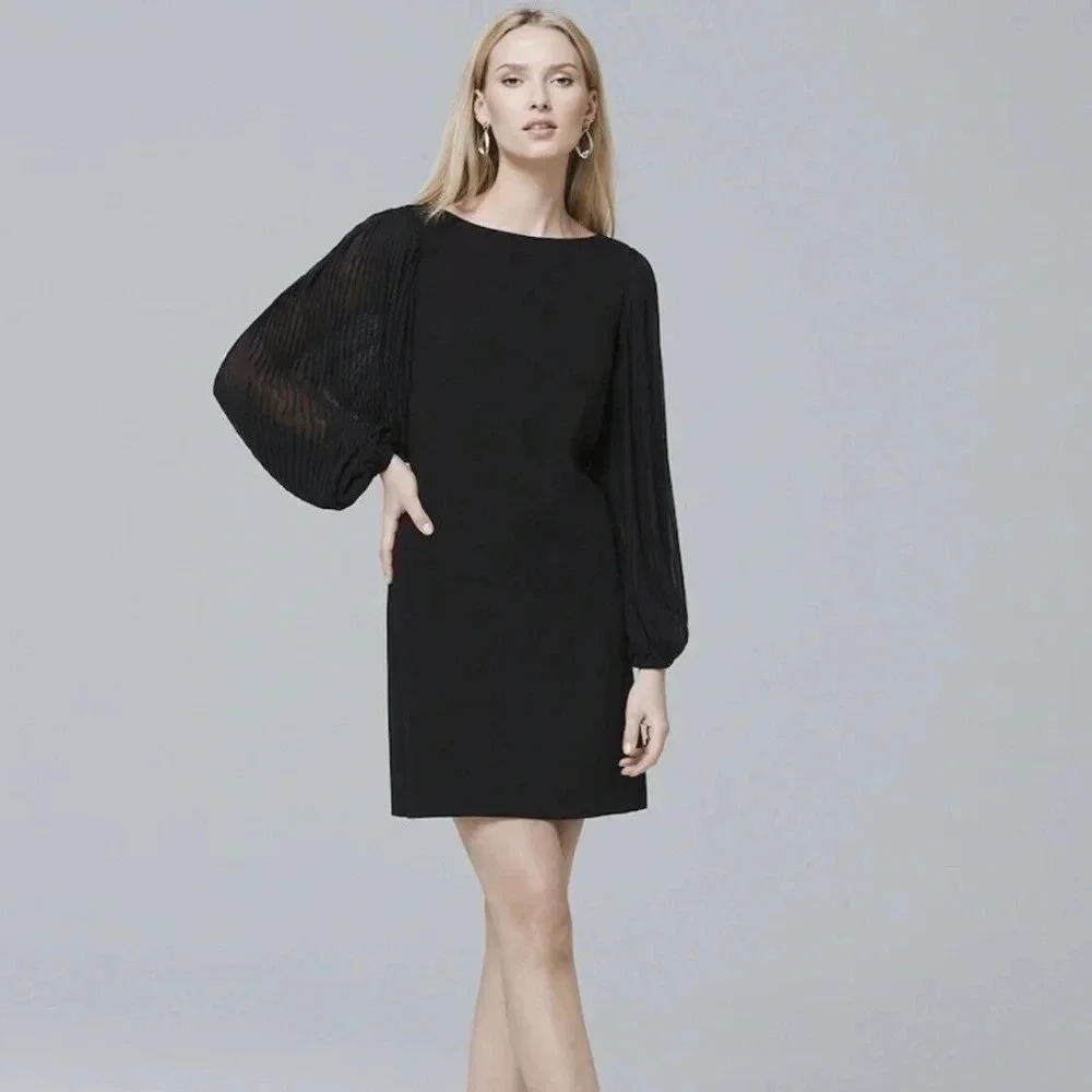 WHBM Black Chiffon Pleaded Sleeves Shift Dress